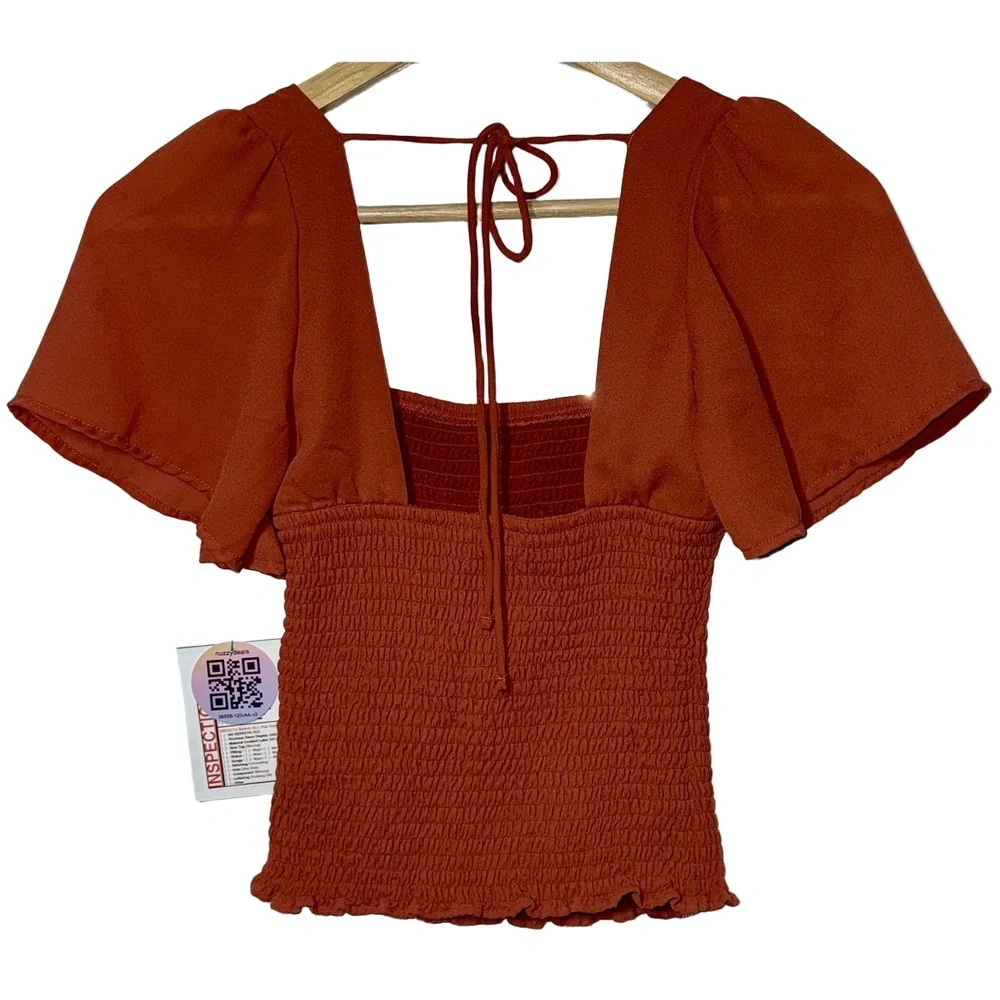 NEW Abercrombie & Fitch Red Smocked Bodice Puff Sleeve Short Sleeve Blouse Sz XS